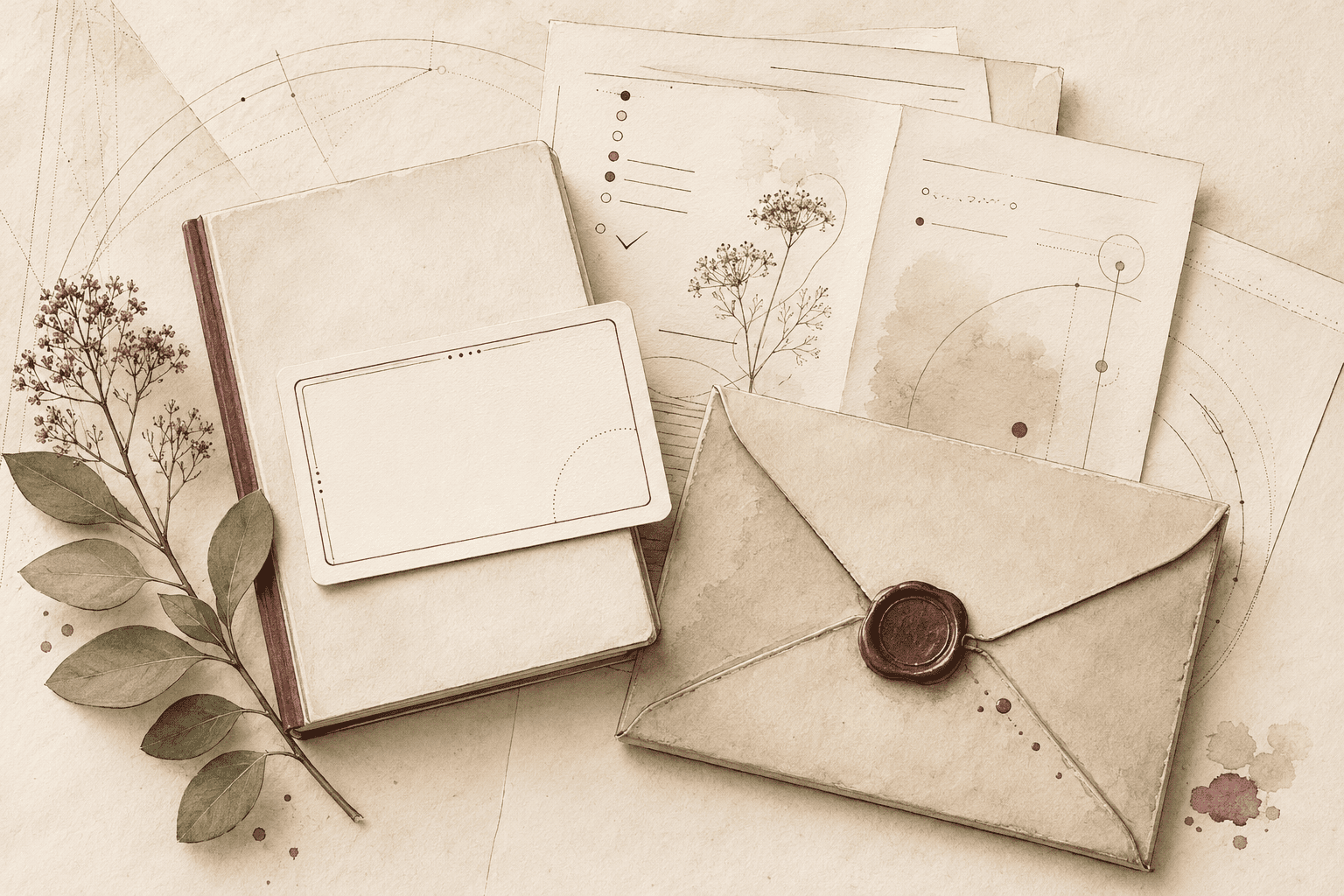Watercolour illustration of a reader’s companion set: a cloth-bound book, notes, and a sealed envelope with a wax seal.